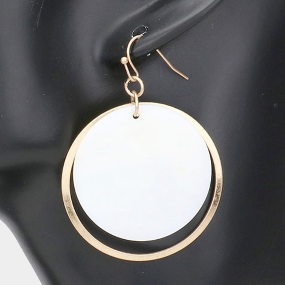 Gold and White 2.3" Mother of Pearl Round Drop Hoop Dangle Earrings - Picture 2 of 2